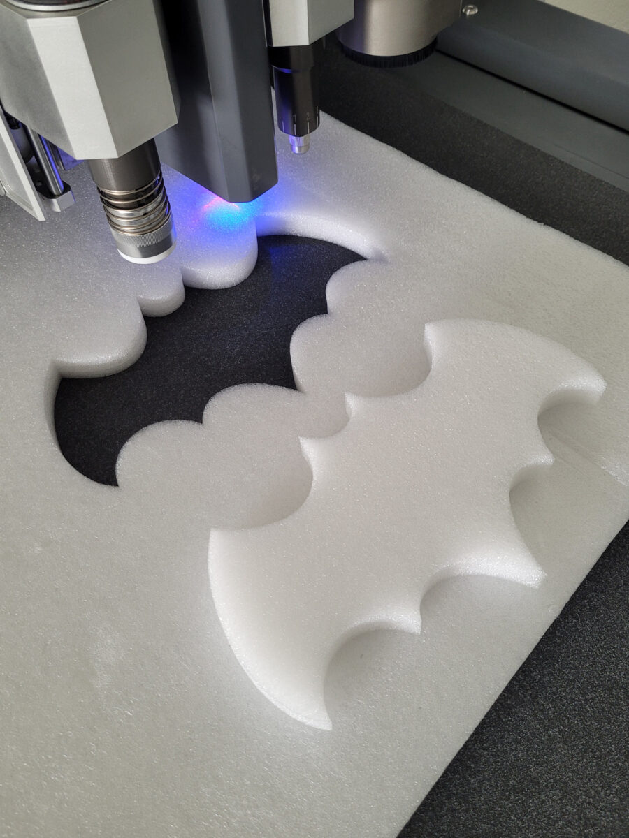 A foam Batman logo cut using the Electric Oscillating Tool