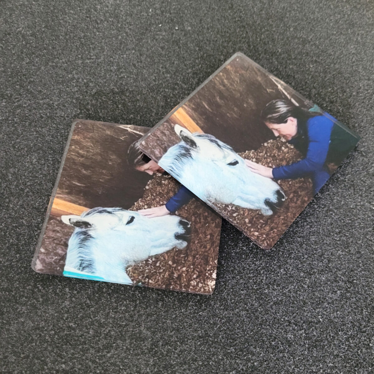 5mm clear acrylic coasters, reverse printed with a horse and rider photo, white under flood used as a finish layer