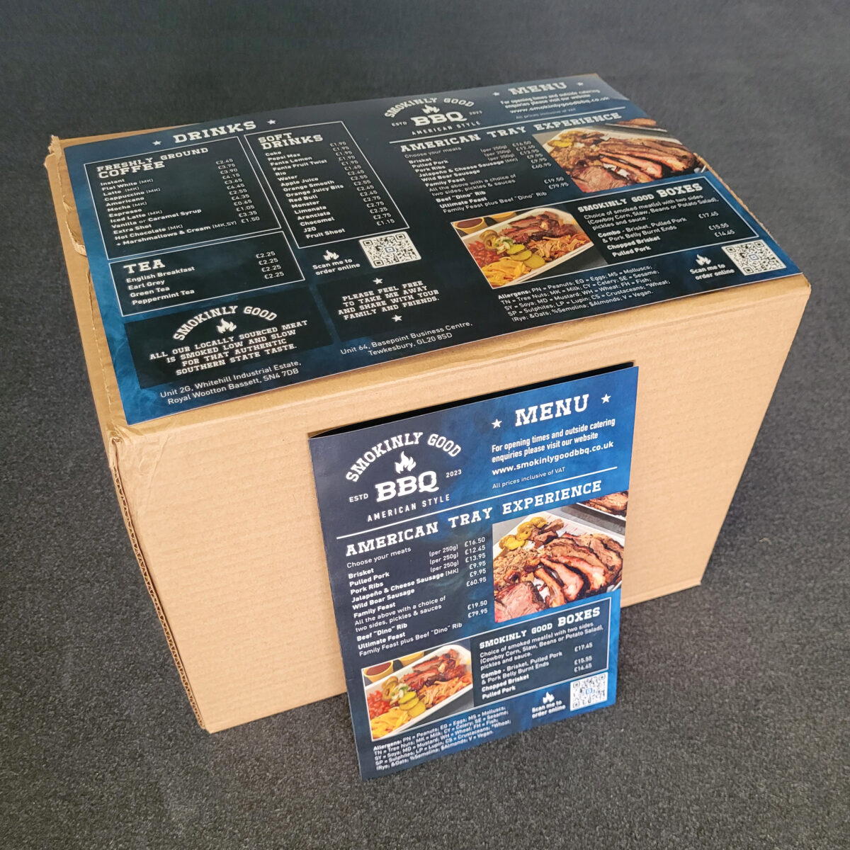 Bespoke B-flute box made for A5 folded menus
