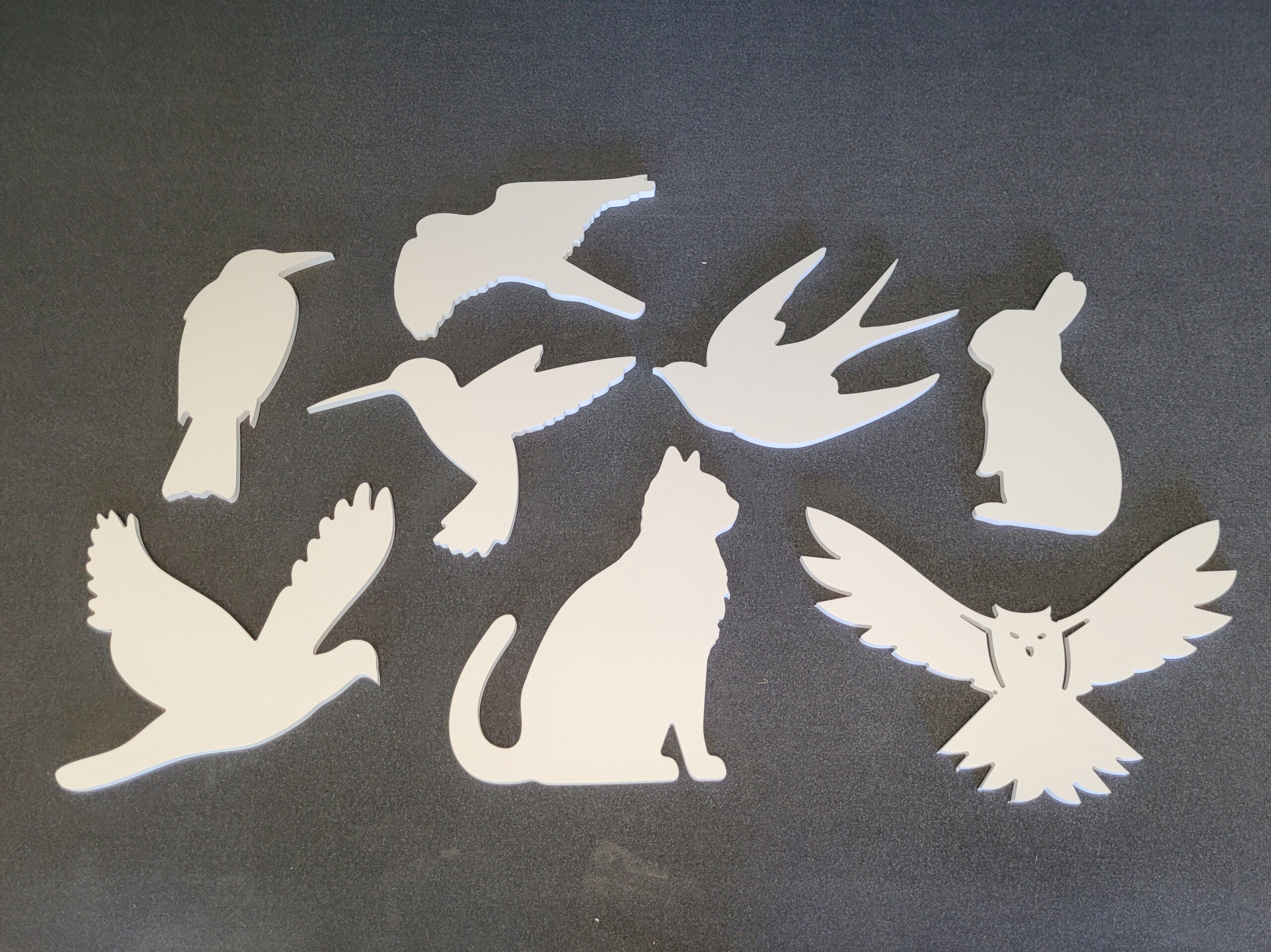 A variety of routed 10mm foamex animal and bird sihouettes